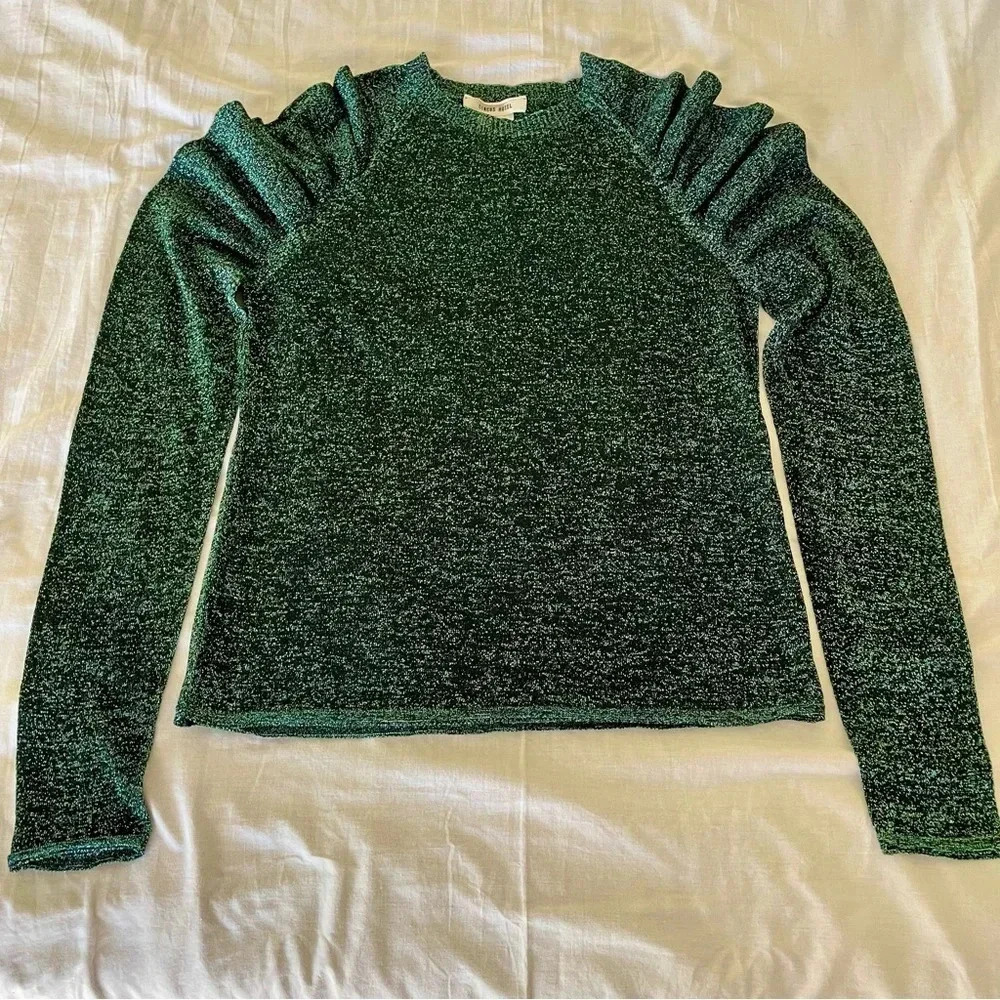 Circus Hotel Sweater Top Sparkle Black With Green Sparkle Sheer Long Sleeve Sz 8 - Picture 2 of 9